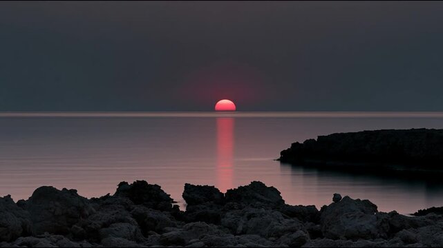 Minimalist Red Sun Setting Over Calm Sea with Dark Rocky Shoreline Silhouette