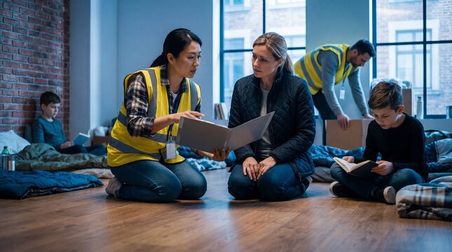 Compassionate volunteers helping displaced people in emergency shelter during crisis or disaster