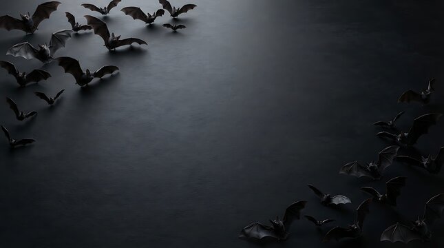 Top view of a flock of small black bats flying across a dark moody background with copy space