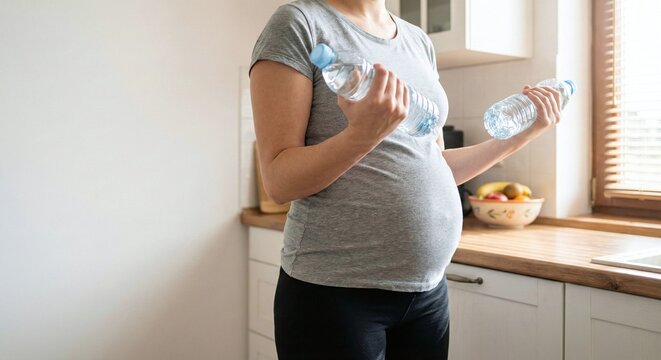 Pregnant woman exercising with water bottles in kitchen