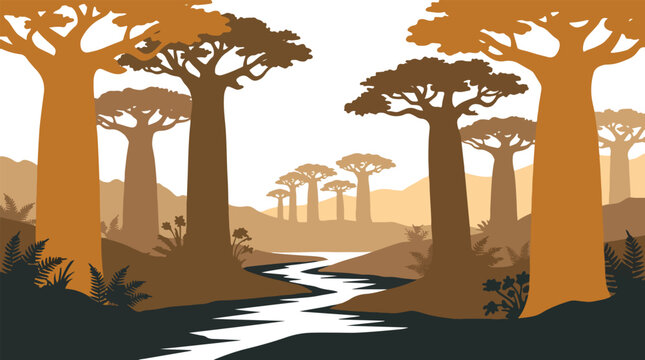 Stylized illustration of a baobab tree landscape with a winding river at sunset.