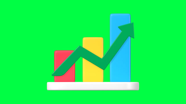 Bar chart 3D clipart, business growth analytics on green screen background