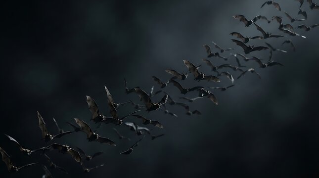 A large flock of bats flying together across a dark and moody night sky background