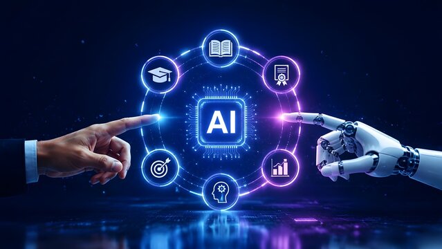 Human And Robotic Hands Pointing At Central AI Education Microchip Hub