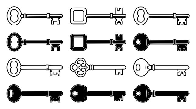 Keys set with various shapes featuring antique keys, skeleton keys, padlock keys with ornate heads and simple outlines