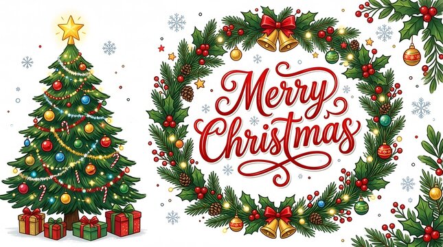 A festive christmas scene featuring a decorated tree and beautiful holiday wreath