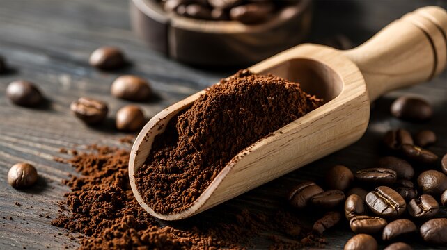 Dark aromatic ground coffee powder resting inside a rustic wooden scoop on textured timber surface