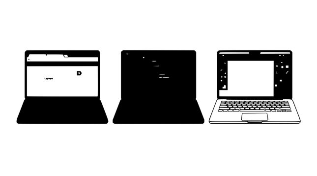 Laptop set with open screens featuring web browser, code editor, and graphic design software with keyboard and touchpad