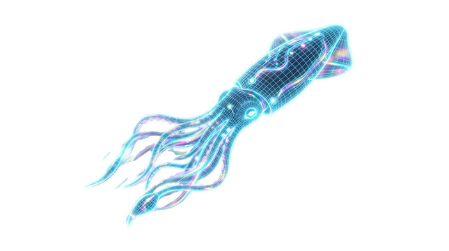 Holographic blue squid with digital wireframe mesh, futuristic neon cephalopod on white background, glowing aquatic creature