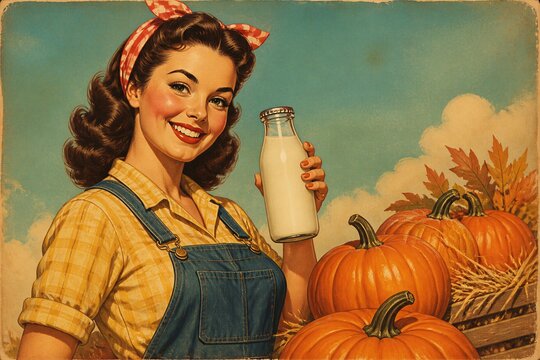 Young woman holding milk near pumpkins on farmstand