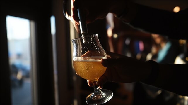 Person pouring beer into glass in dark bar