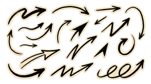 Hand drawn black arrow set, collection of sketchy directional pointers, organic ink doodle arrows for business presentations isolated on Transparent Background