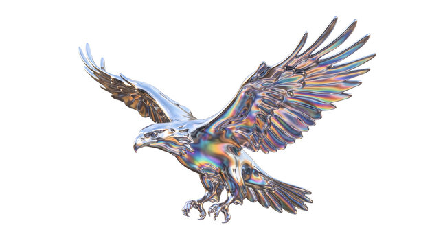 Holographic chrome eagle in flight, iridescent metallic bird sculpture, futuristic silver raptor with spread wings on white background