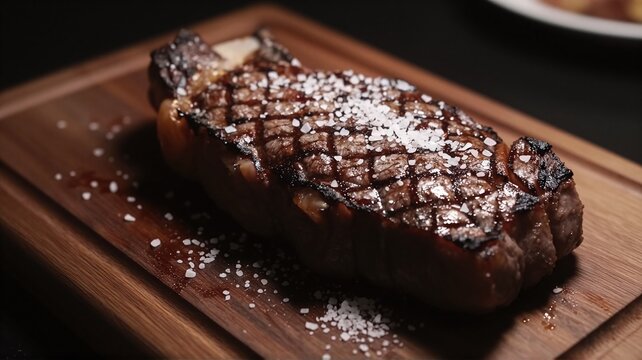 Steak seasoned with sea salt on wooden board