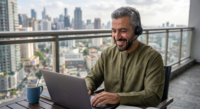 Smiling businessman working on a laptop with a headset on a balcony overlooking the city skyline