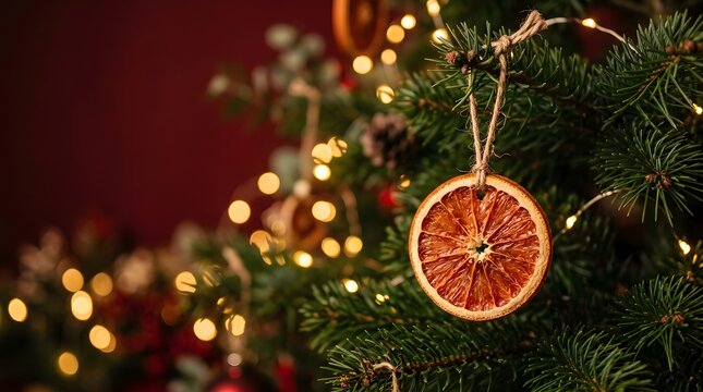 A beautifully decorated christmas tree with a dried orange slice ornament evoking warmth and festive cheer
