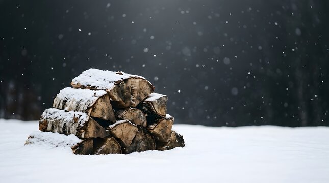 A serene winter landscape featuring a snow covered woodpile against a dark atmospheric forest backdrop