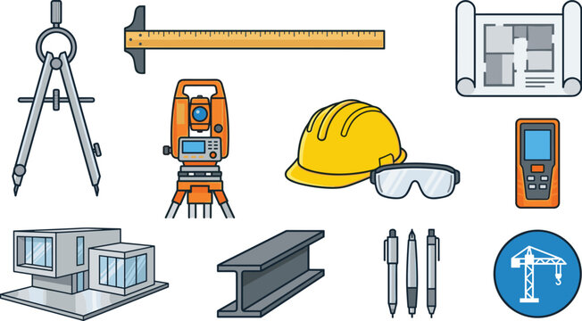 Architecture and civil engineering vector element set featuring blueprint drawing compass theodolite t square safety helmet architectural model and tools isolated
