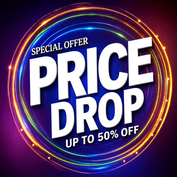 Bright glowing special offer price drop sale banner with colorful light effects advertising discounts