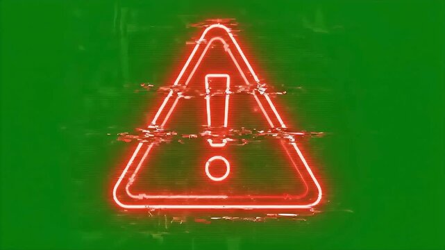 Glowing Red Neon Warning Sign with Glitch Effect on Green Screen