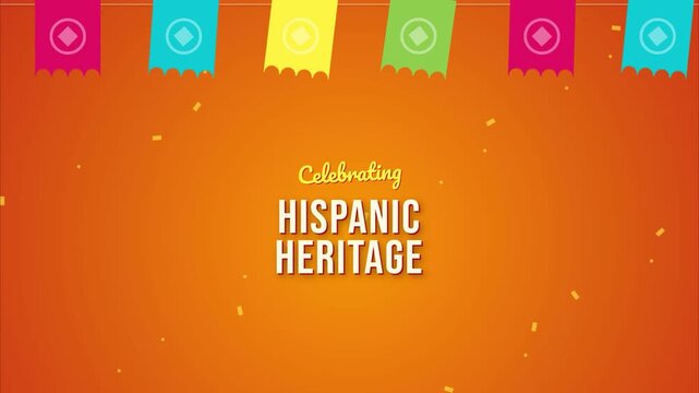 Hispanic heritage month celebration banner with festive colorful bunting flags on orange gradient background motion graphics for social media event promotion