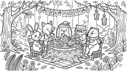 Fototapeta premium Cute forest animals having a tea party in the woods, coloring page for kids