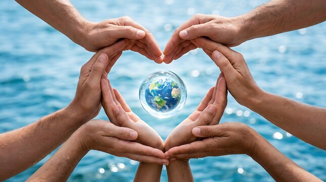Many human hands forming a heart shape around a small globe for earth day
