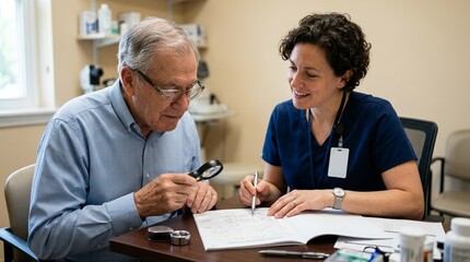 Fototapeta premium Ophthalmic technician conducting a peripheral vision test using an accessible instrument