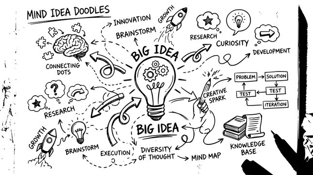 Mind Idea Doodles with Big Idea Lightbulb Brainstorm and Mind Map Hand Drawn Sketch Vector Illustration