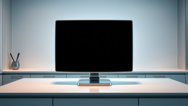 Minimalist setup features television on white surface. Subtle lighting creates dramatic effect. Modern interior design, clean lines present.