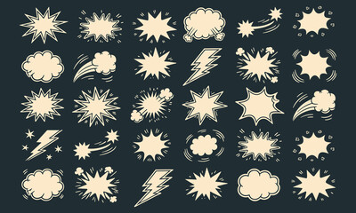 Comic speech bubbles set with starburst shapes and lightning bolts for graphic design work © Mofajjol