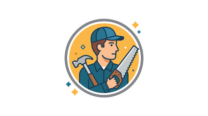 Fototapeta premium Circular carpenter mascot holding construction hand tools.