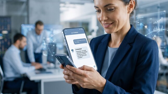 A smiling businesswoman uses her smartphone with digital overlays in a modern office, showcasing connectivity and communication.