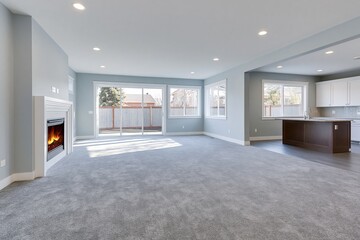 Naklejka premium The Modern Open Living Room With Fireplace And Kitchen Island