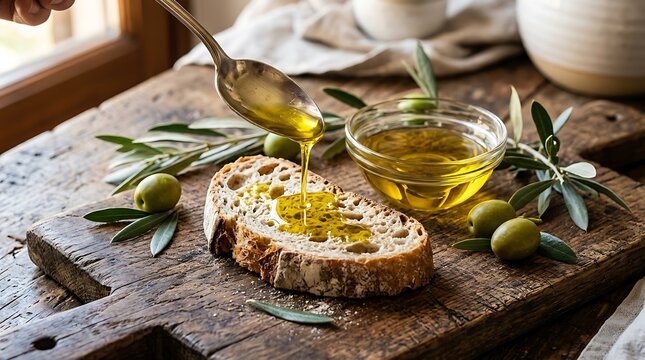 Fresh avocado toast with olive oil being poured from a spoon on a wooden board