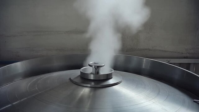 White Steam Venting From Stainless Steel Dye Vat in Industrial Dyeing Factory