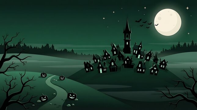 Spooky haunted castle on a hill under a full moon in a dark mysterious night landscape illustration