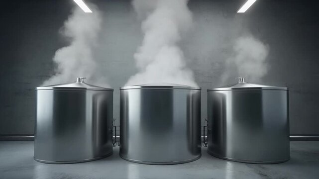 Three Stainless Steel Dye Vats Releasing Steam in Industrial Dyeing Factory
