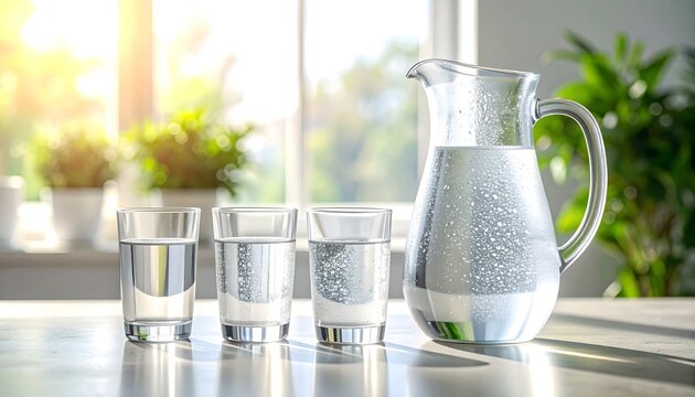Jarra de agua y varios vasos sobre una mesa luminosa junto a una ventana con plantas desenfocadas al fondo