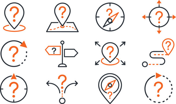Location map pin icons with question mark navigation symbols set