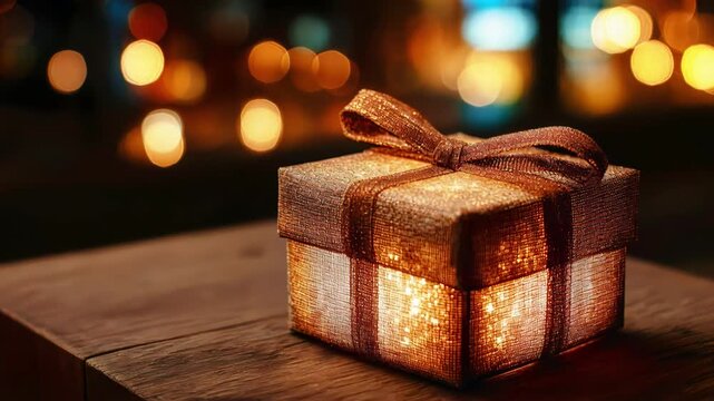 Glowing gift box with ribbon on wooden table against blurred night city bokeh background, warm holiday surprise concept