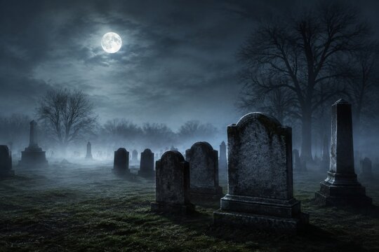Dark muted graveyard scene with fog moonlight and empty space