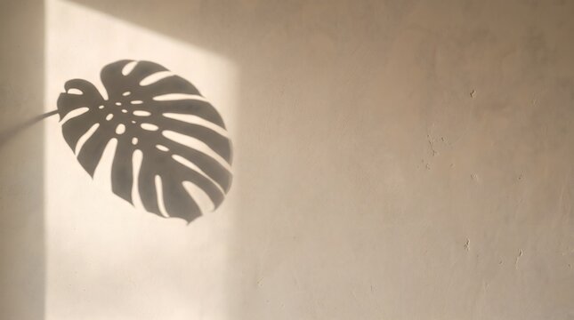 Tropical monstera leaf shadow cast on a textured beige plaster wall