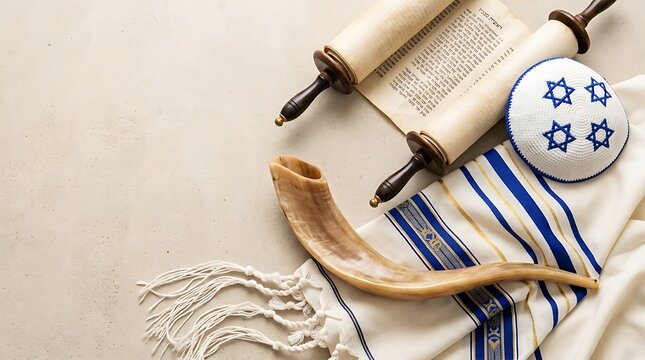 Torah scroll with shofar and tallit prayer shawl for jewish holiday celebration