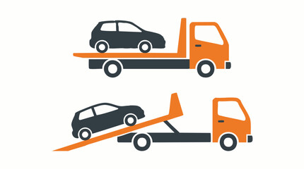 Fototapeta premium Flatbed tow truck icons for vehicle recovery and transport service