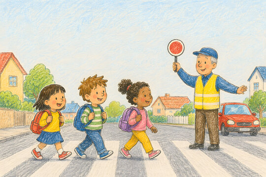Crayon style illustration of children crossing the street with a crossing guard