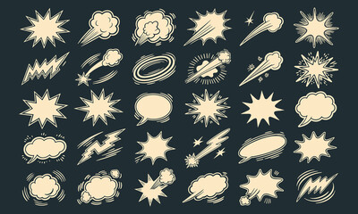 Vintage comic speech bubbles and explosion elements in cream color on dark background © Mofajjol