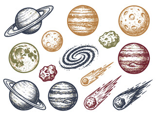 Science Drawing Vintage Space Planets Galaxy Comets and Asteroids Illustration © MotionMint