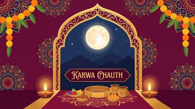 Karwa Chauth Festival Pooja Setup Vector: Traditional Thali, Kalash, Sieve, and Fruits Under a Moonlit Archway