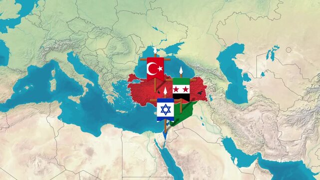 Animated Map Zoom and Flag Highlighting for Turkey, Syria, and Israel